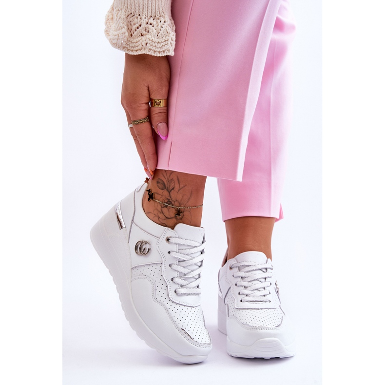 S.Barski Chaussures de sport compensées en cuir pour femme Blanc-Argent Rebeca 1