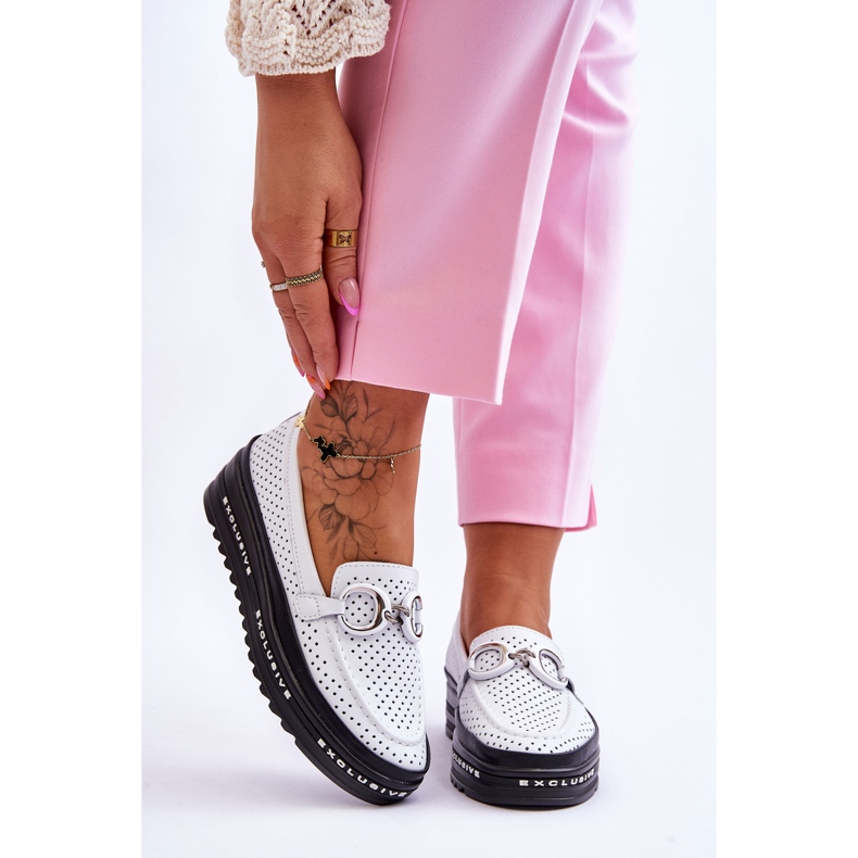 S.Barski Mocassins Classiques En Cuir Ajouré Avec Décoration Rendy Blanche 1