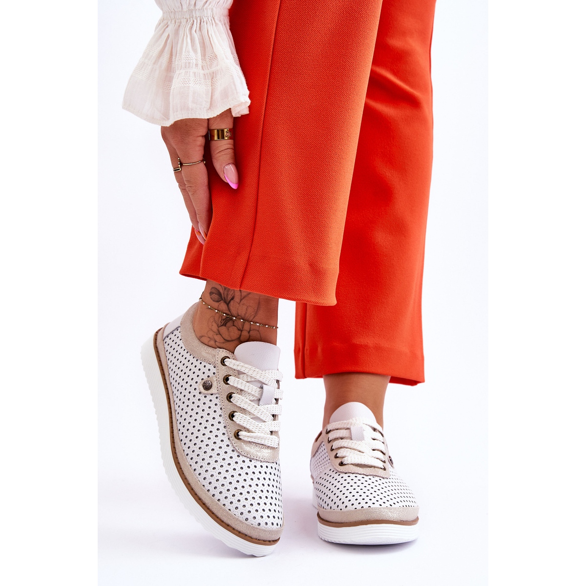 S.Barski Chaussures de sport la mode en cuir ajour blanc et or Cantare blanche