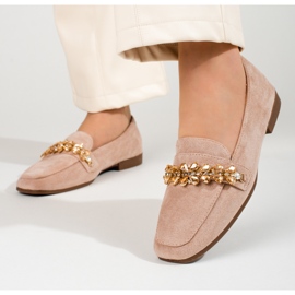 Mocassins en daim pour femmes avec cristaux Shelovet beige 1