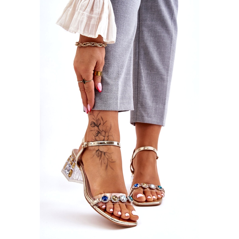 S.Barski Sandales à talons hauts pour femmes avec cristaux, doré d'or 1