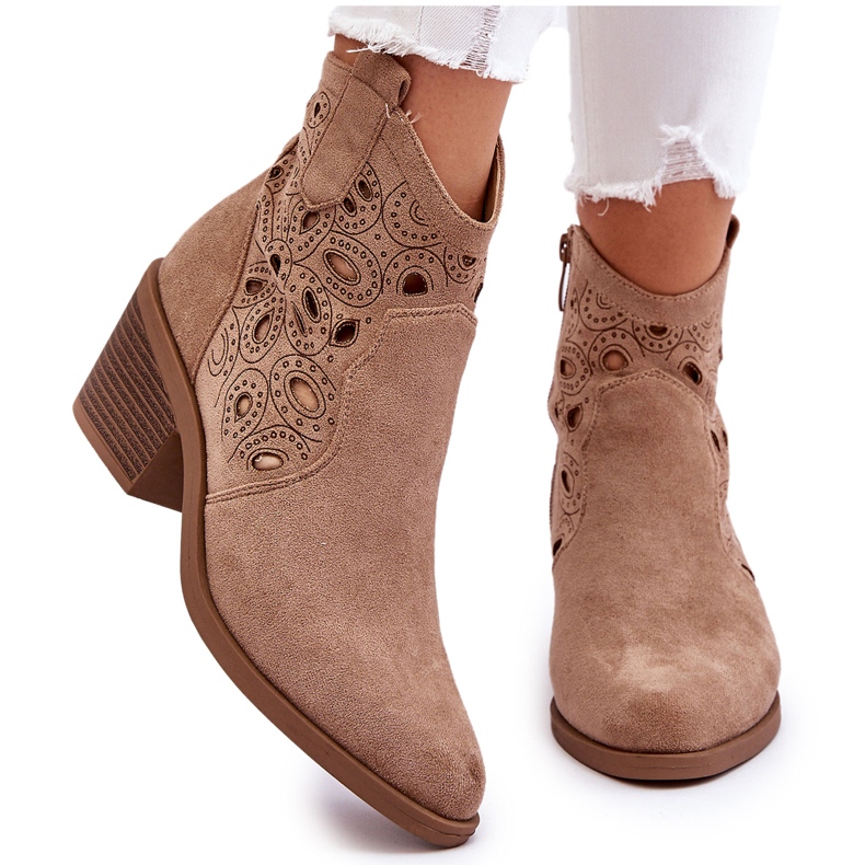 S.Barski Bottes cowboy ajourées en daim pour femme, beige 7