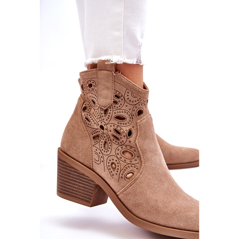 S.Barski Bottes cowboy ajourées en daim pour femme, beige 2