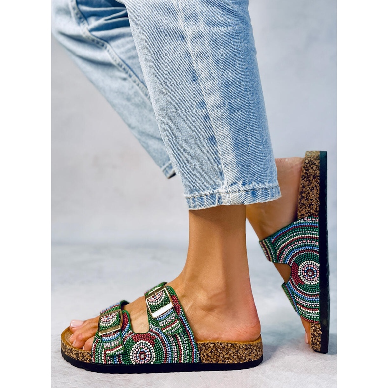 Seastar Babouches en liège avec perles d'Adaora Green vert 2