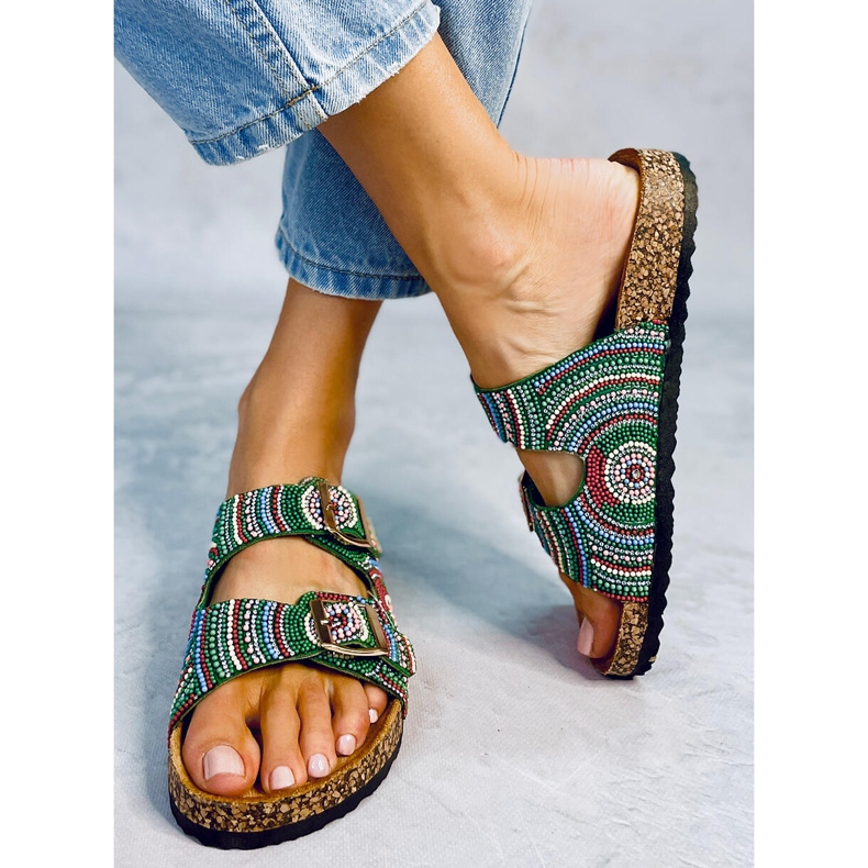 Seastar Babouches en liège avec perles d'Adaora Green vert 1