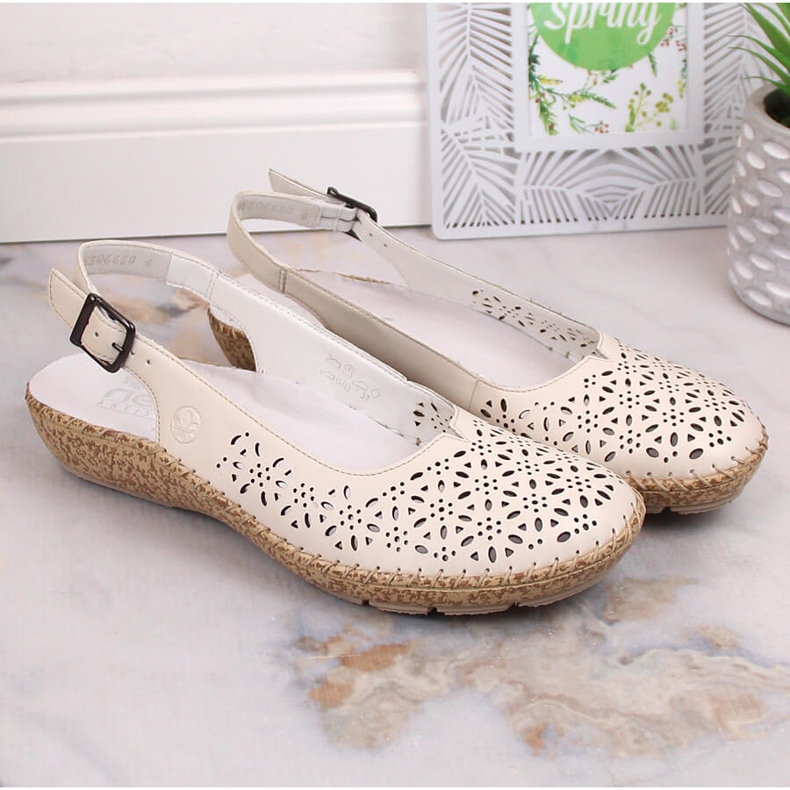Sandales ajourées confortables en cuir beige Rieker 44861-60 1