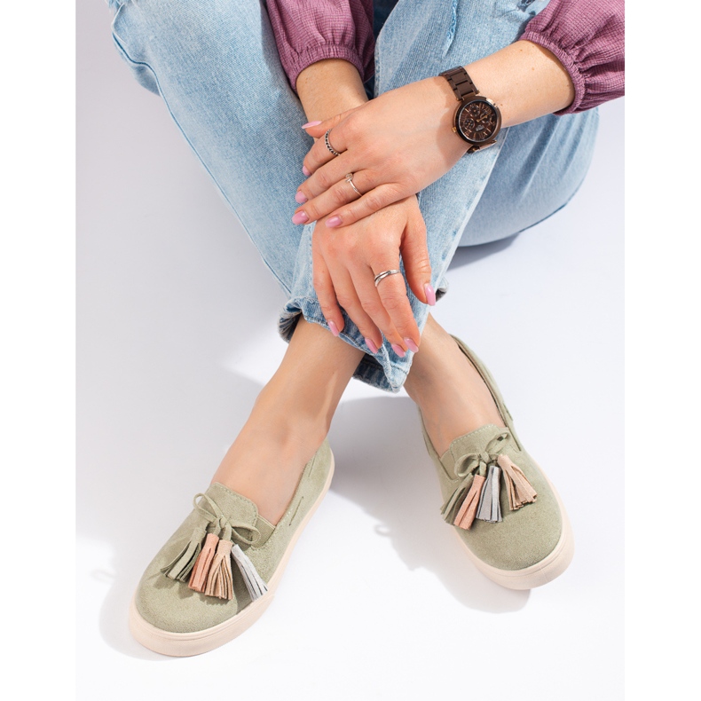 Shelovet Vert Suede Fringe Slip On 1