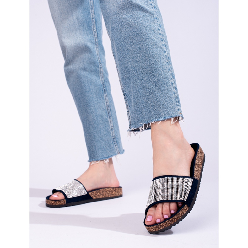 Tongs Shelovet en liège bleu marine avec zircons 1