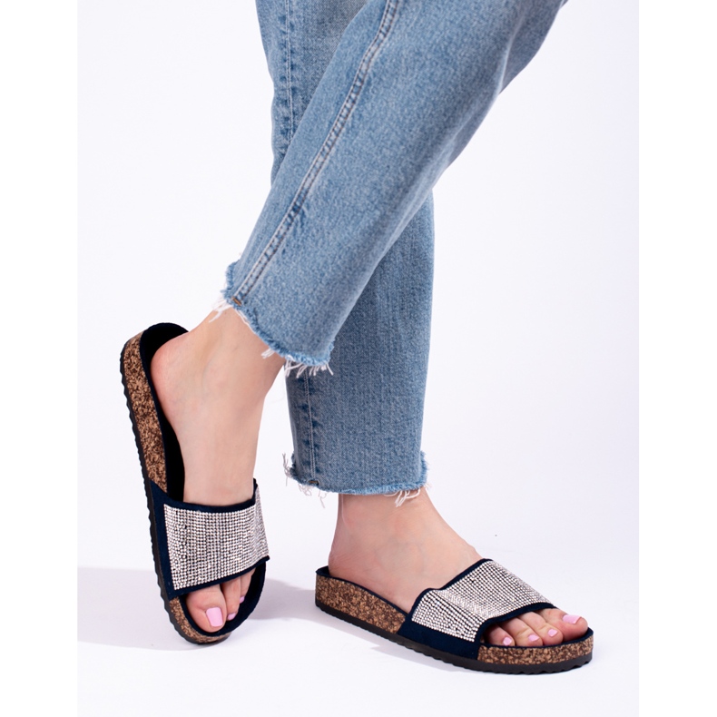 Tongs Shelovet en liège bleu marine avec zircons 2