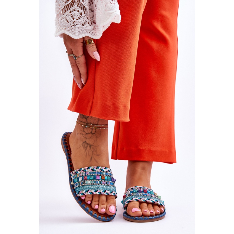 Pantoufles ornées Bellisa bleues pour femmes 1 Pantoufles ornées Bellisa bleues pour femmes 1