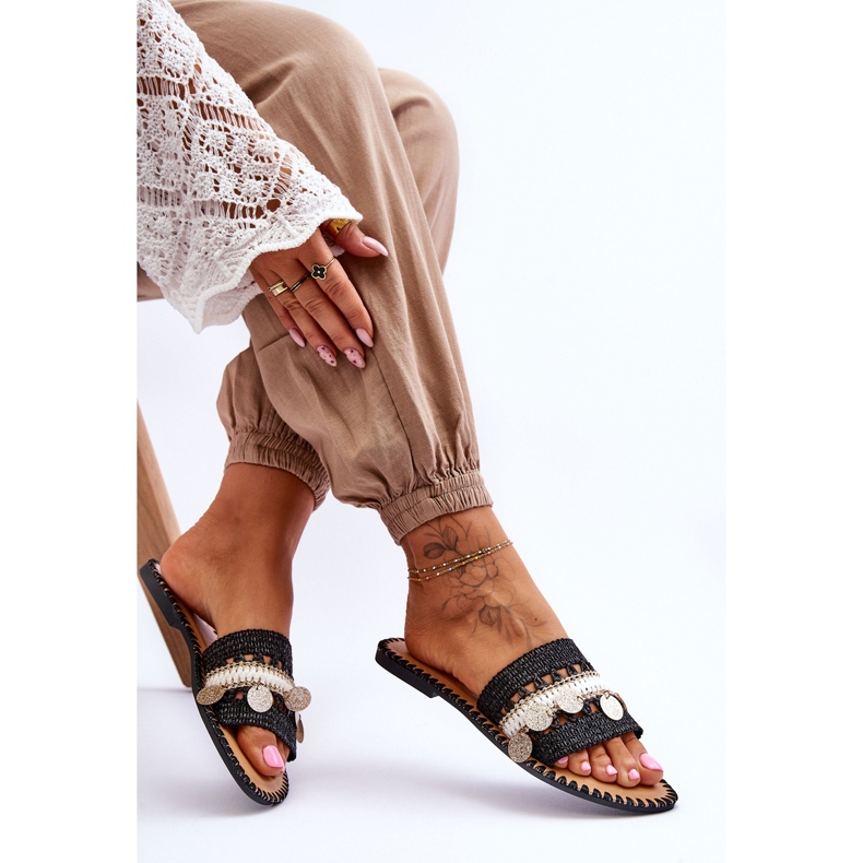 Pantoufles tressées ornées pour femmes Noir Millano le noir 2