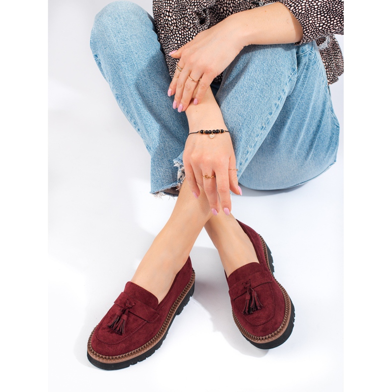 Vinceza mocassins à glands en daim bordeaux rouge 1