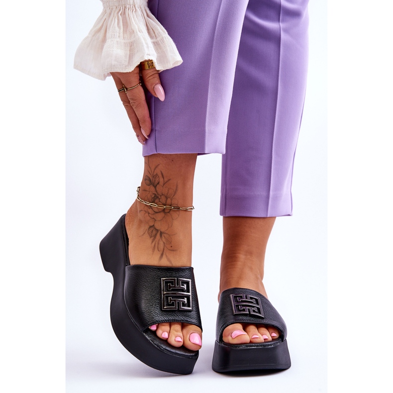 Lemar Chaussons à plateforme en cuir pour femmes avec ornements Noir Renna 1