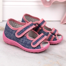 Chaussons, sandales fille, bleu marine et rose Nazo 1