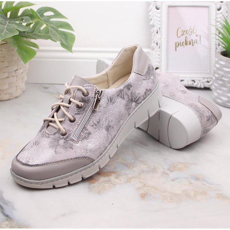 Helios 334 chaussures confortables pour femmes en cuir avec fleurs gris 1