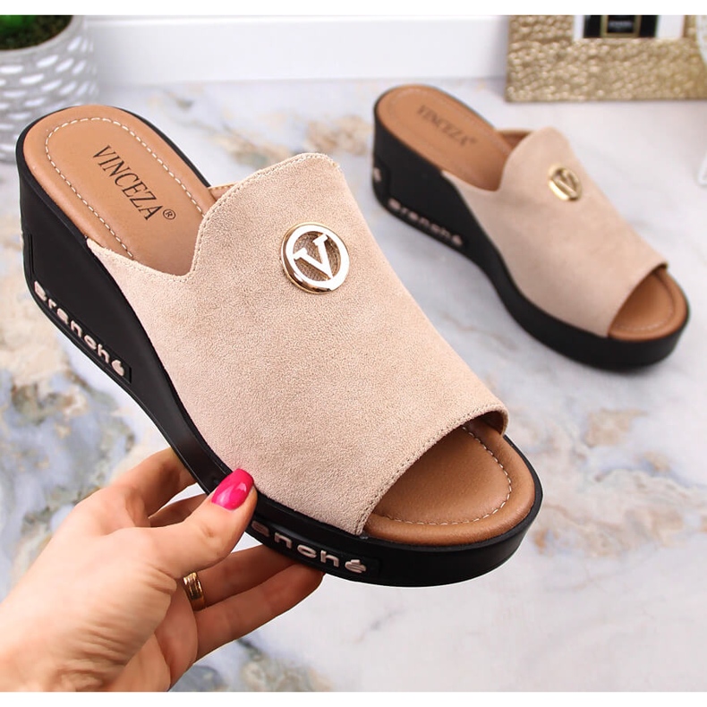 Chaussons compensés en daim beige pour femme Vinceza 10907 1