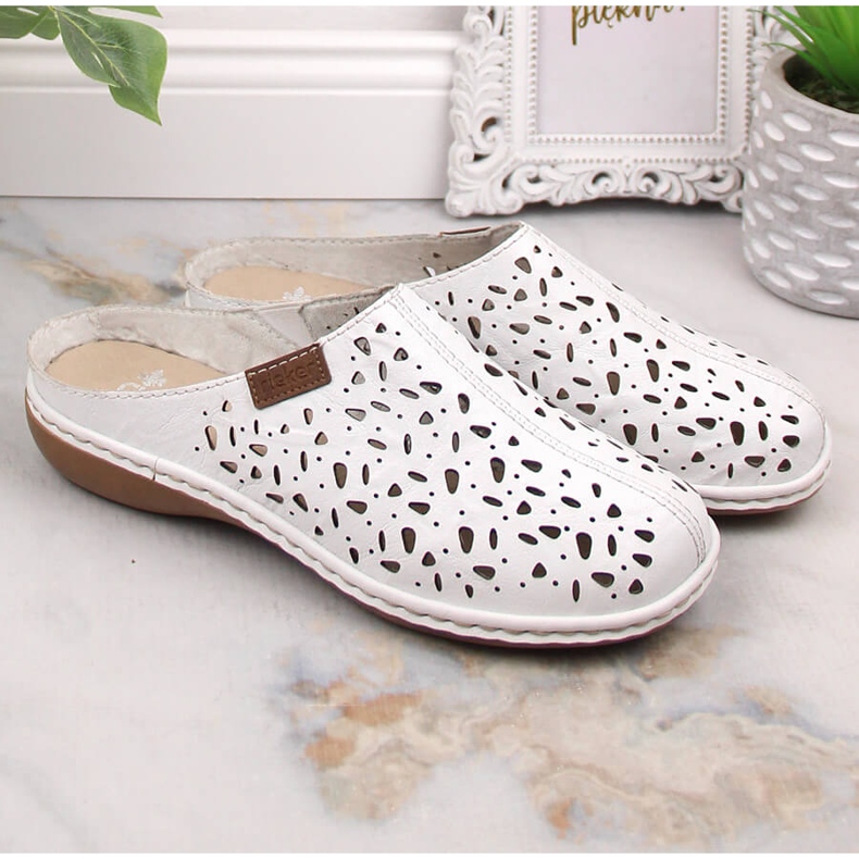 Rieker 65996-80 sliders tout cuir blanc ajouré avec élastique 1