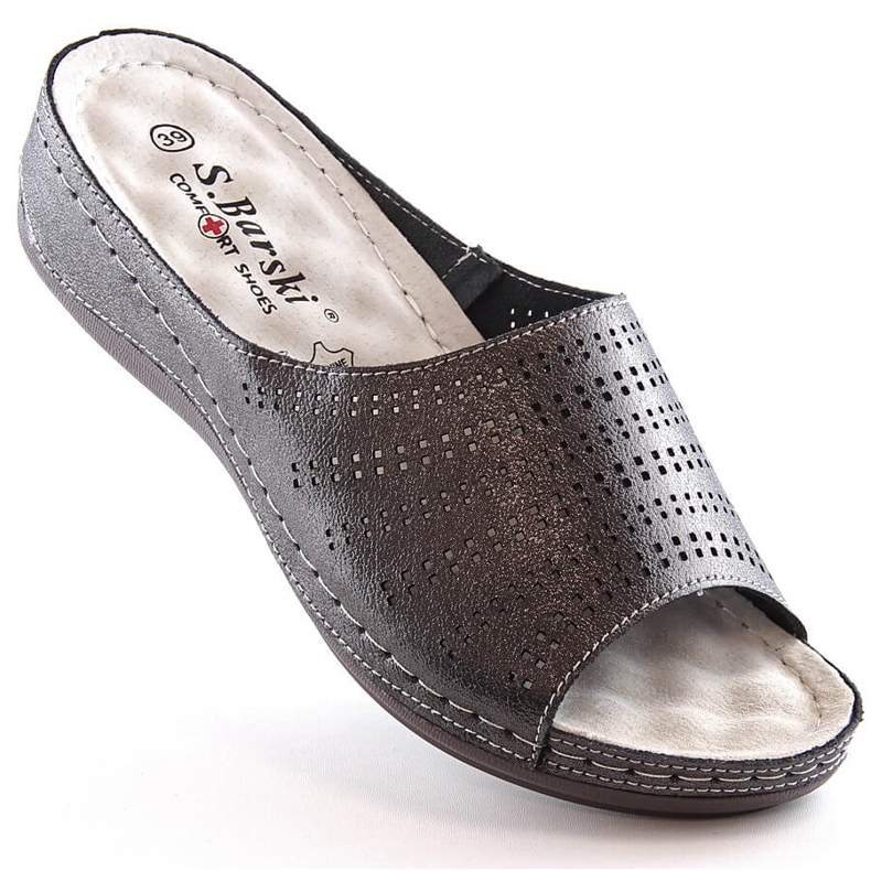 Pantoufles confortables en cuir pour femmes sur un talon compensé en étain S.Barski BN292 gris 1