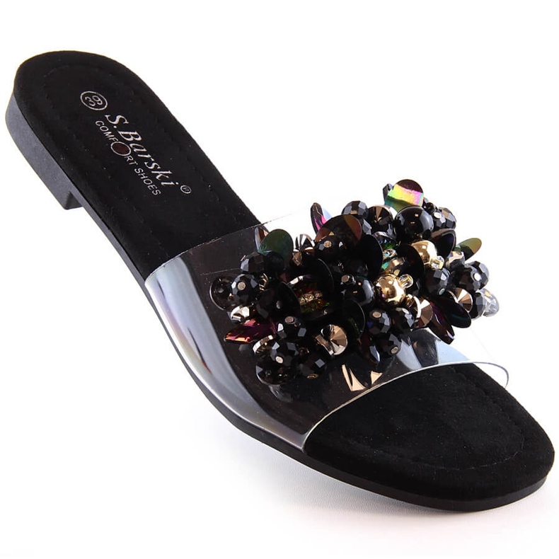 Chaussons transparents confortables pour femmes avec perles noires S.Barski Kv 576-3 le noir 1