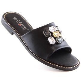 Chaussons noirs plats confortables pour femmes avec zircons S.Barski Kv 2775-31 1