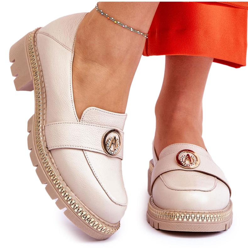FILIPCZYK Mocassins élégants en cuir beige clair avec décoration 4