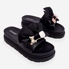 PE1 Chaussons Avec Un Noeud Et Un Ourson Décoratif Noir Suzy 1