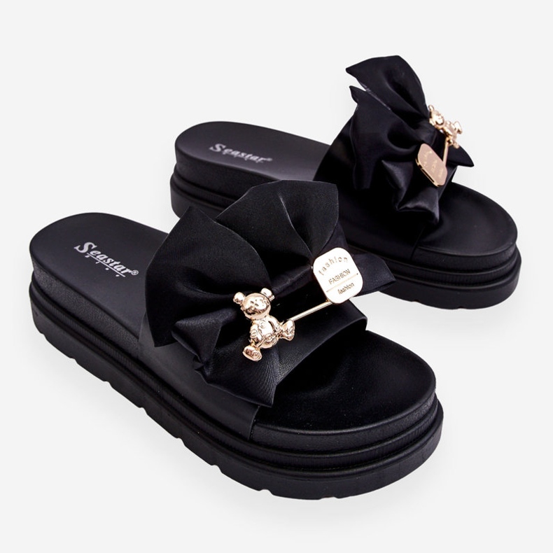 PE1 Chaussons Avec Un Noeud Et Un Ourson Décoratif Noir Suzy 1