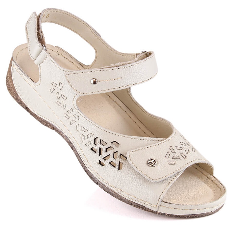 Sandales confortables en cuir pour femmes avec brides velcro Ekri Helios 266-2 beige 1