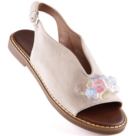 Sandales plates en daim pour femmes avec cristaux beiges Jezzi RMR2266-2 1
