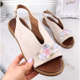 Sandales plates en daim pour femmes avec cristaux beiges Jezzi RMR2266-2 2