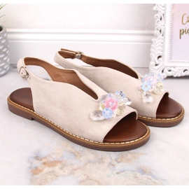 Sandales plates en daim pour femmes avec cristaux beiges Jezzi RMR2266-2 3