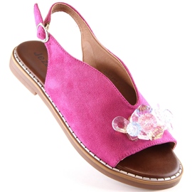 Sandales plates en daim pour femmes avec cristaux fuchsia Jezzi RMR2266-2 rose 1