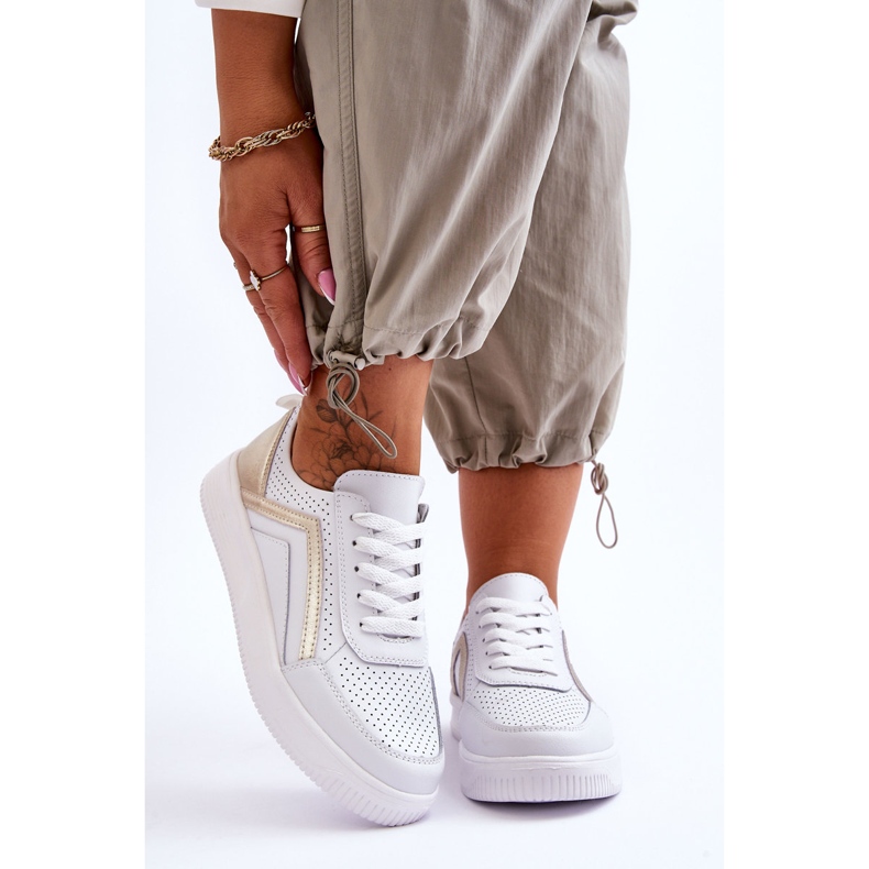 Chaussures de Sport Perforées en Cuir pour Femme Blanc et Or Carvalo 1