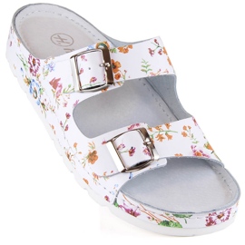 Tongs femme confortables en cuir à fleurs Helios 288 blanche 2