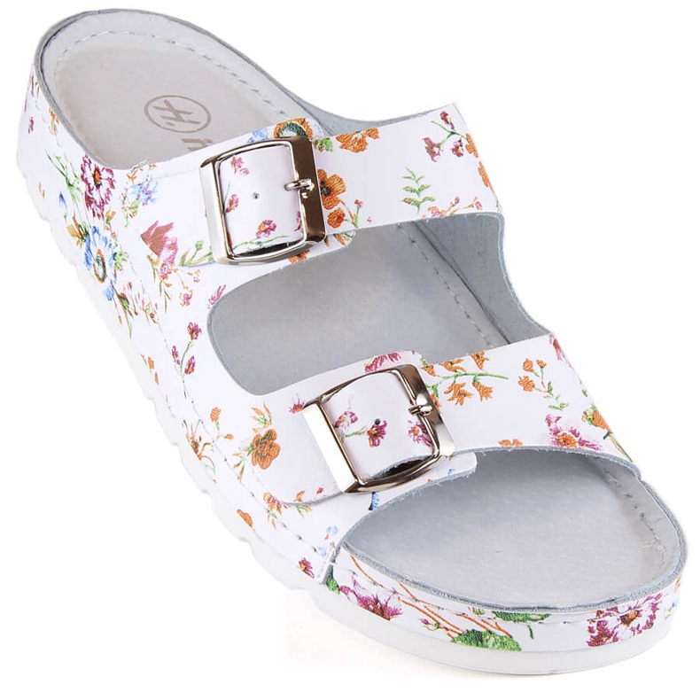Tongs femme confortables en cuir à fleurs Helios 288 blanc 2