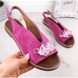 Sandales plates en daim pour femmes avec cristaux fuchsia Jezzi RMR2266-2 rose 2
