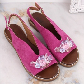 Sandales plates en daim pour femmes avec cristaux fuchsia Jezzi RMR2266-2 rose 4