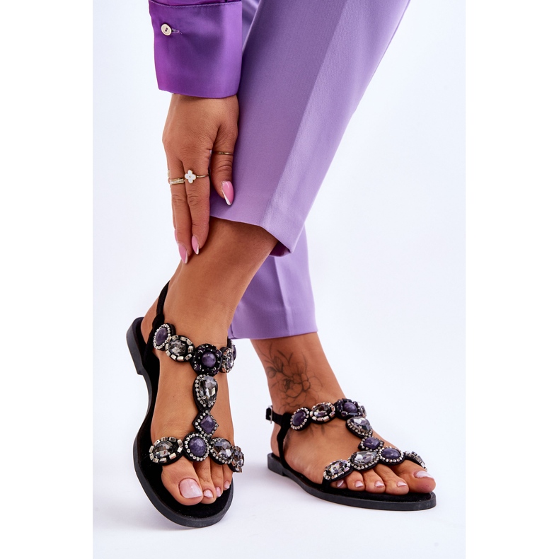 Sandales plates Dallas en daim noir avec pierres 2