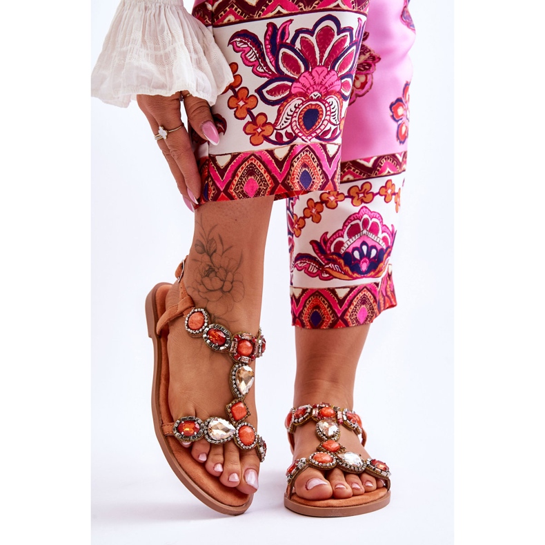 Sandales Plates Dallas En Daim Orange Avec Pierres 1