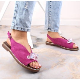 Sandales plates en daim pour femmes avec cristaux fuchsia Jezzi RMR2266-2 rose 6