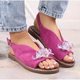 Sandales plates en daim pour femmes avec cristaux fuchsia Jezzi RMR2266-2 rose 7