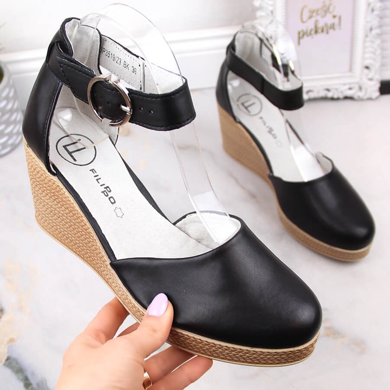 Sandales compensées en cuir noir pour femmes Filippo DS3519 1