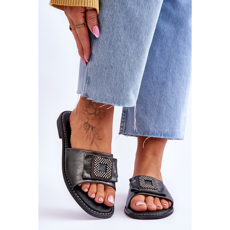 Chaussons Femme En Cuir Avec Strass S.Barski KV-2775-33 Argent Foncé 1