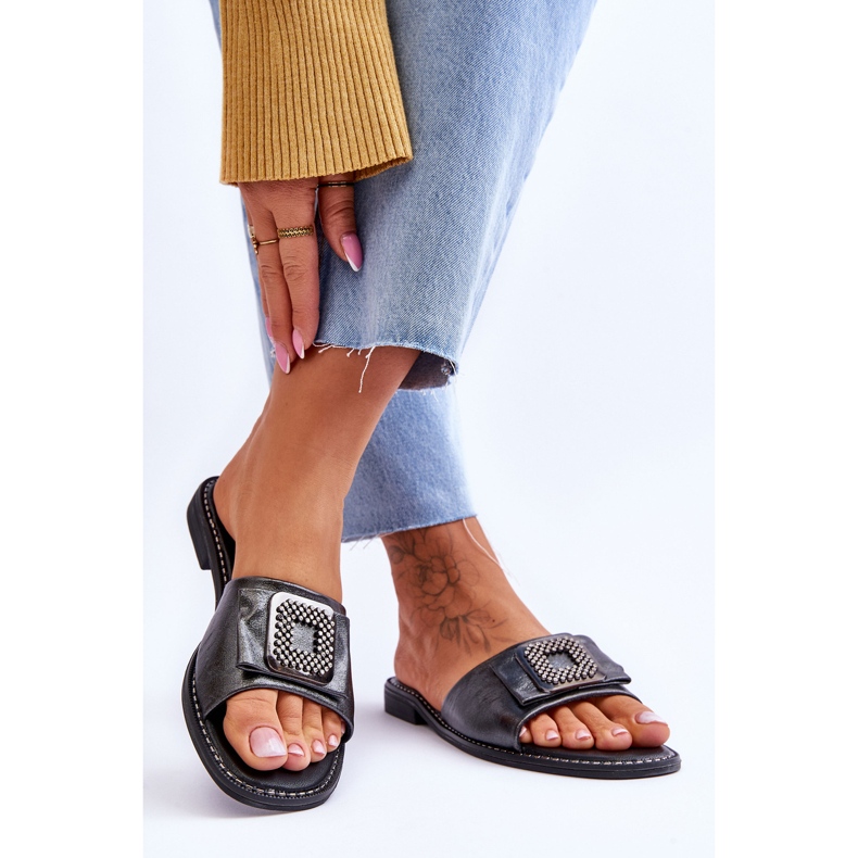 Chaussons Femme En Cuir Avec Strass S.Barski KV-2775-33 Argent Foncé 2