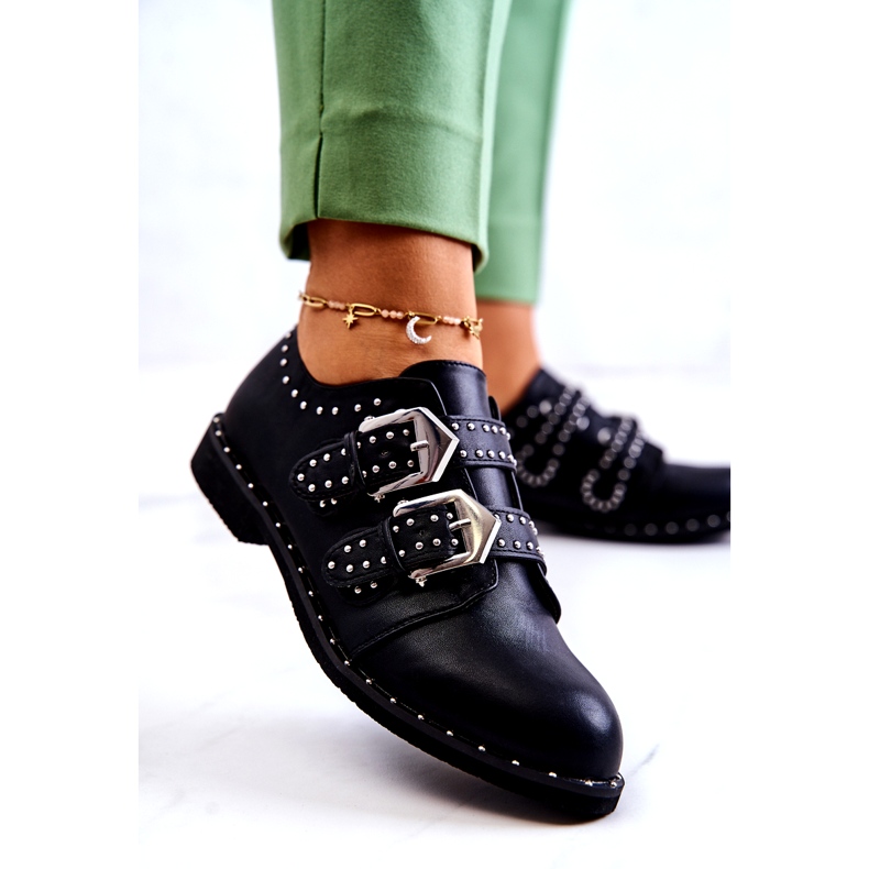 LU BOO Chaussures en cuir de l'éco-cuir avec des boucles et des goujons noirs le noir 2