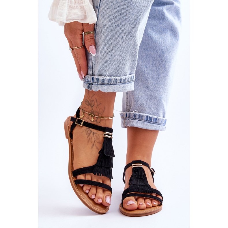 FRJ Sandales Plates Femme En Daim Boho Noir Lucami le noir 1