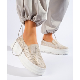 Chaussures à enfiler en cuir pour femmes dorées Shelovet d'or 2