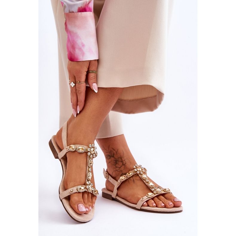 FI1 Sandales Femme Daim Avec Pierres Beige Calabrio 2