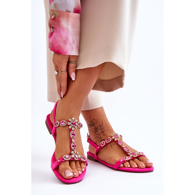 FI1 Sandales Femme Daim Avec Pierres Fuchsia Calabrio rose 2