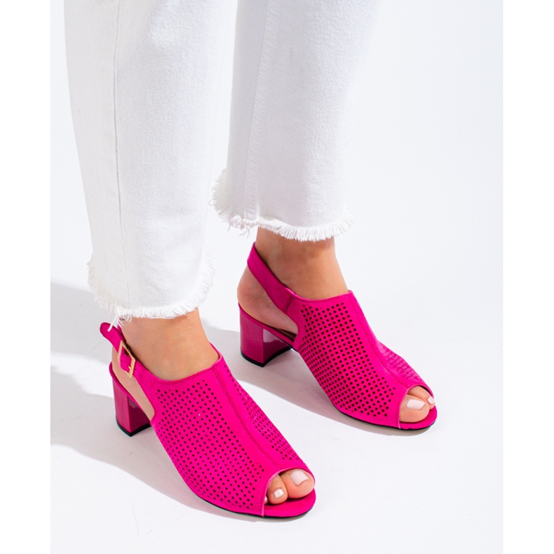 Sandales à talons en daim fuchsia ajouré pour femmes Shelovet rose 1